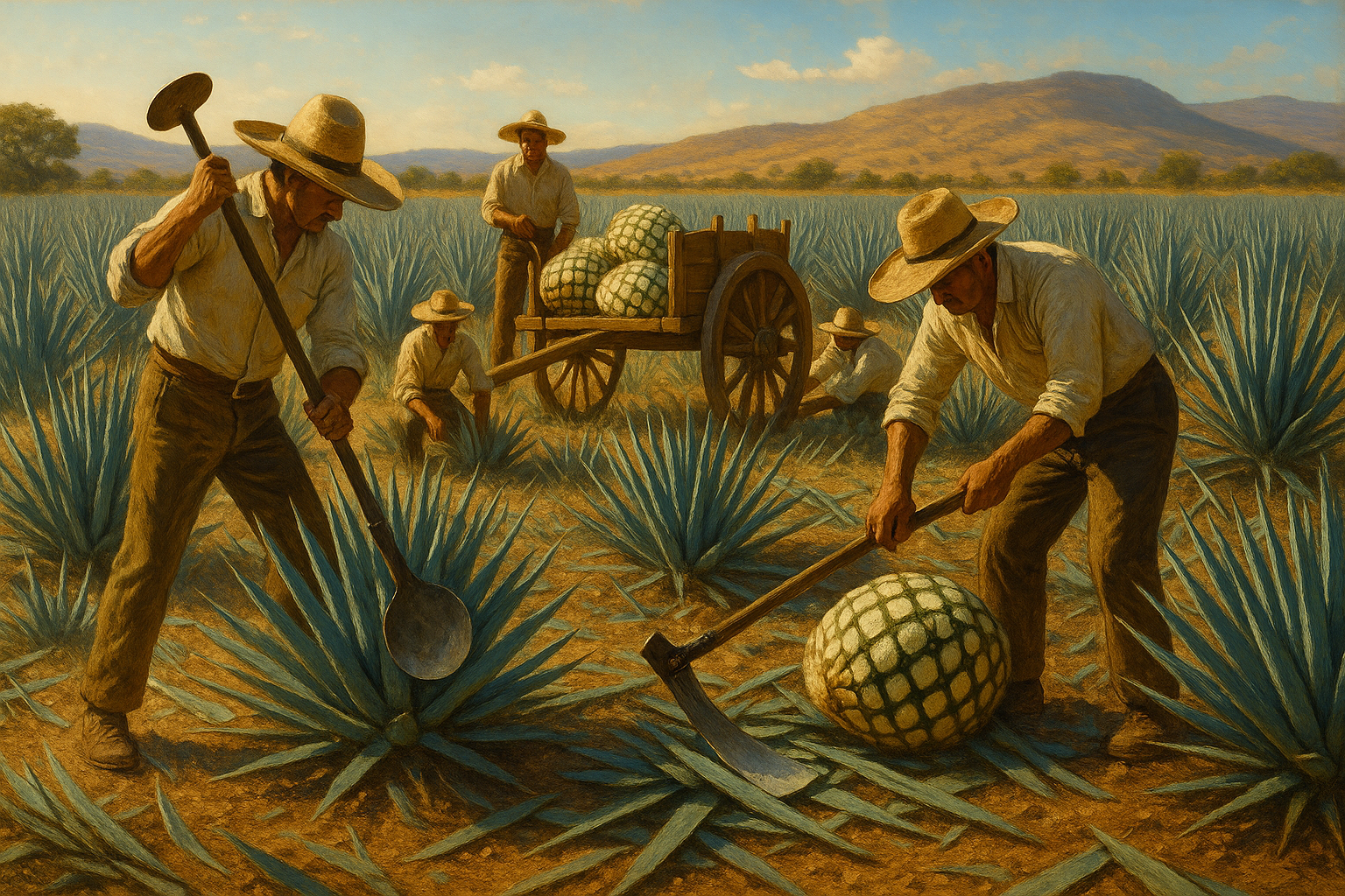 farmers harvesting blue agave