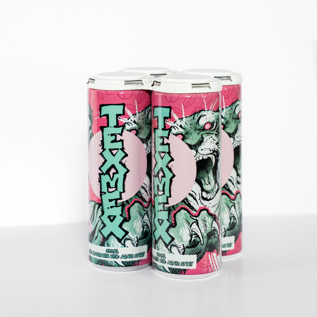 Four cans of Texmex on a white background lime margarta