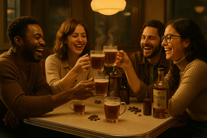 coffee infused tequila shared with friends around a diner table